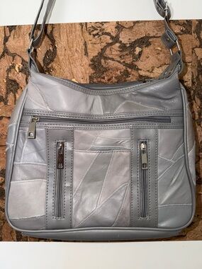 Patchwork Gray Leather Shoulder Bag with Front Zip Pockets RFID Protection